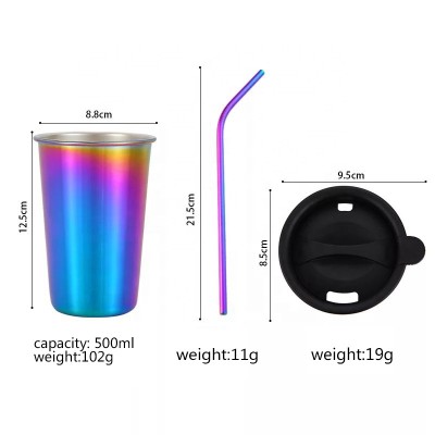 500ml 16oz metal cup 18/8 Stainless Steel travel mugs rainbow Coffee cup with straw and lid and brush